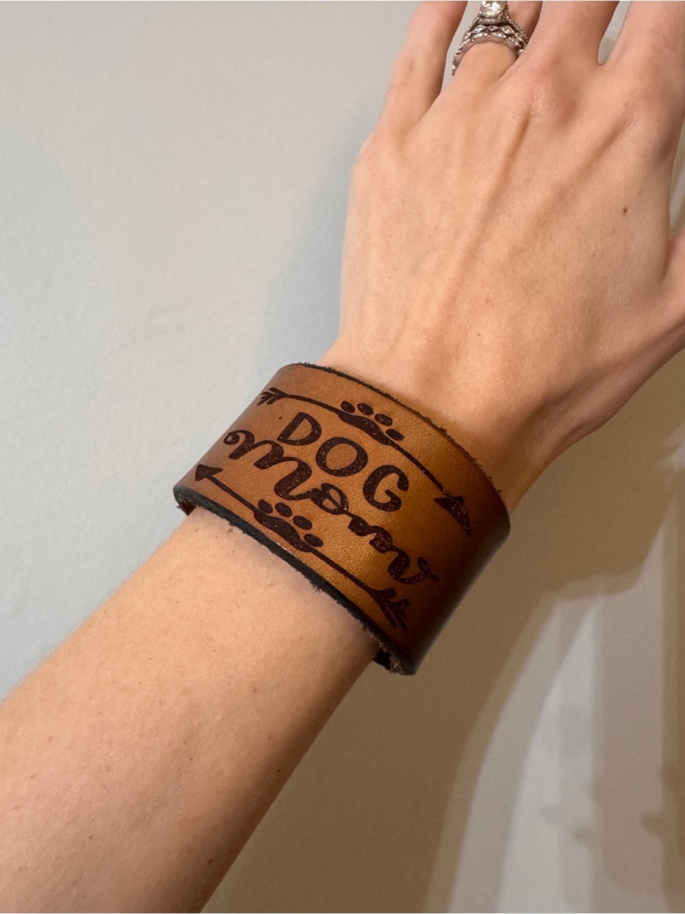 Dog Mom Leather Cuff Bracelet Embossed Brown